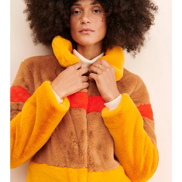 Anthropologie Hutch Colorblock Stripe Faux Fur Coat Large - Picture 5 of 8